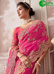 Divine Rani Pink Color Embroidered, Sequins and Zari Work Tissue Classical Wedding Wear Saree